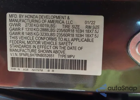2022 Honda Odyssey Ex-L z USA, uszkodzony, nr VIN 5FNRL6H78NB052651